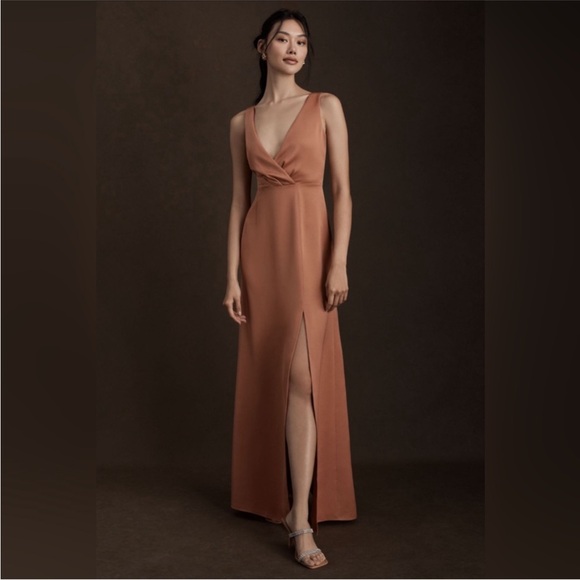 Anthropologie BHLDN Piper V-Neck Side-Slit Satin Maxi Gown Bridesmaid Sedona 6